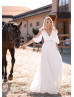 Beaded Ivory Pleated Chiffon V Back Simple Boho Wedding Dress